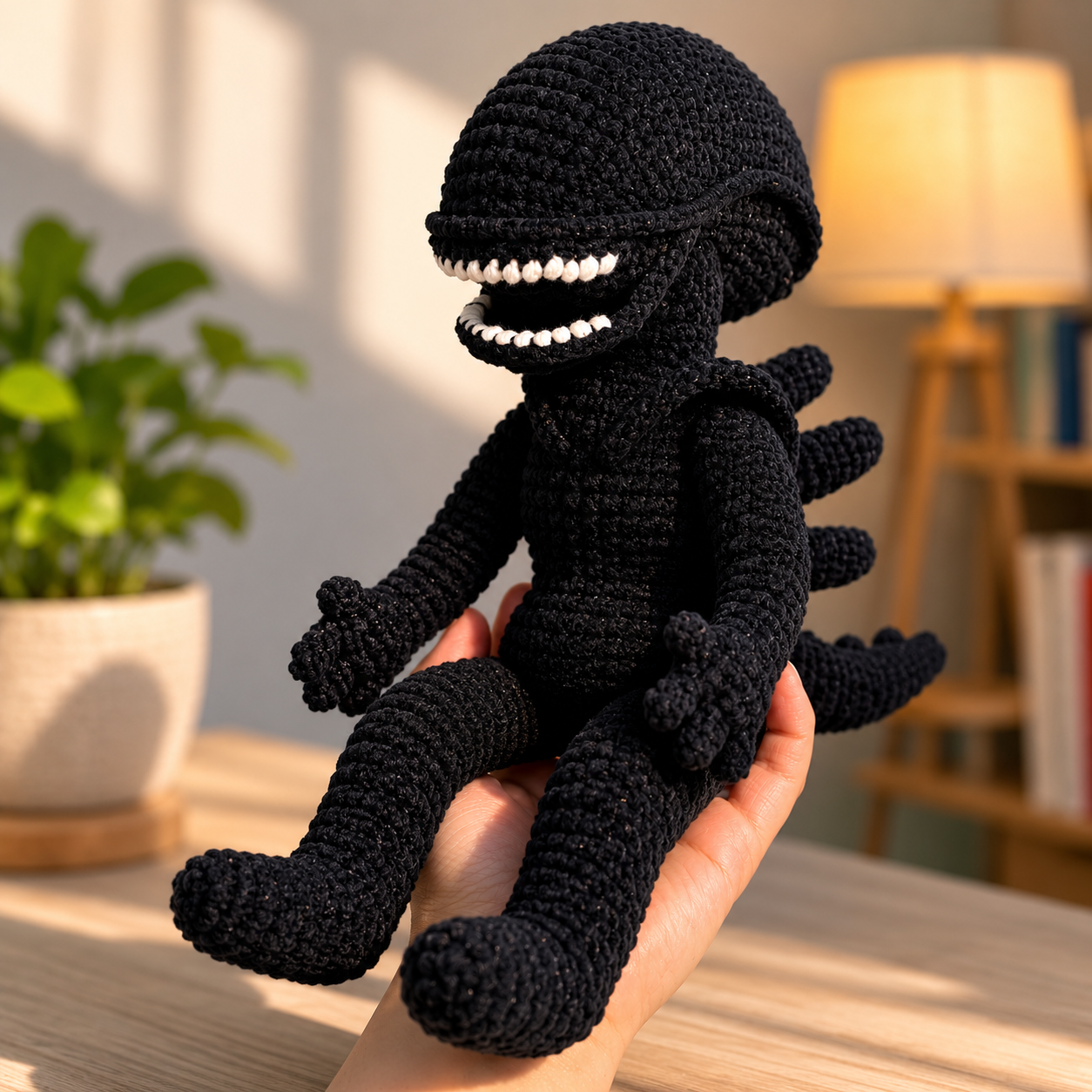 WoolyArtis™ | Emotional Support Xenomorph Crochet Plush – Handmade Space Monster Doll with Personalized Quote