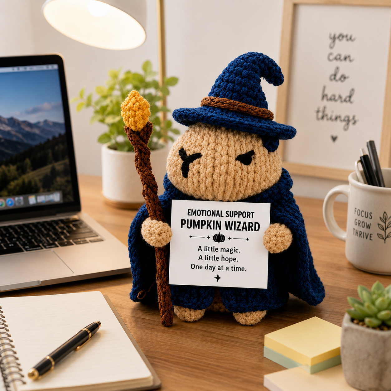 WoolyArtis⢠| Emotional Support Pumpkin Wizard Crochet Plush with Personalized Quote | Handmade Wizard Pumpkin Doll | Cute Desk Buddy | Cozy Fall Decor | Self Care Gift | Halloween Gift