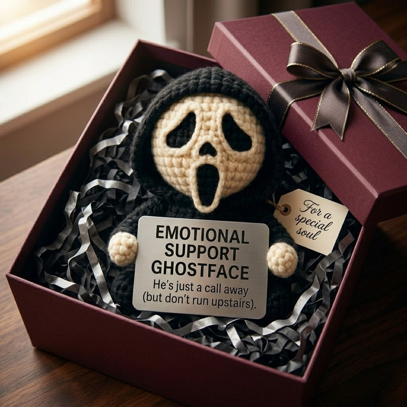 WoolyArtis handmade Ghostface crochet doll, creepy-cute amigurumi desk decor, emotional support ghost character gift.