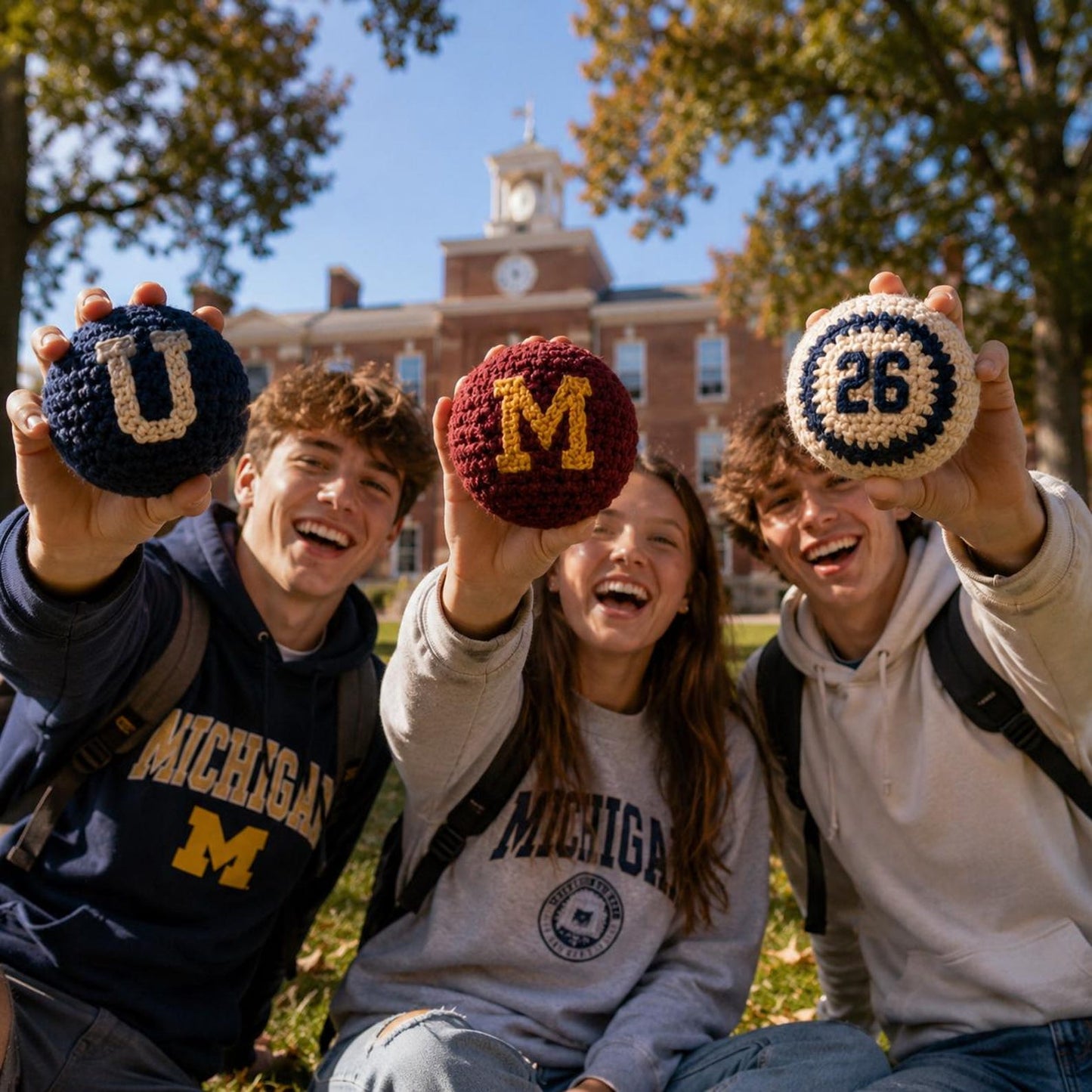 WoolyArtis⢠| College Crochet Footbag Hacky Sack Set, Varsity Stress Ball, Dorm Room Gift for Students, Freshman Gift, Campus Game Day Toy
