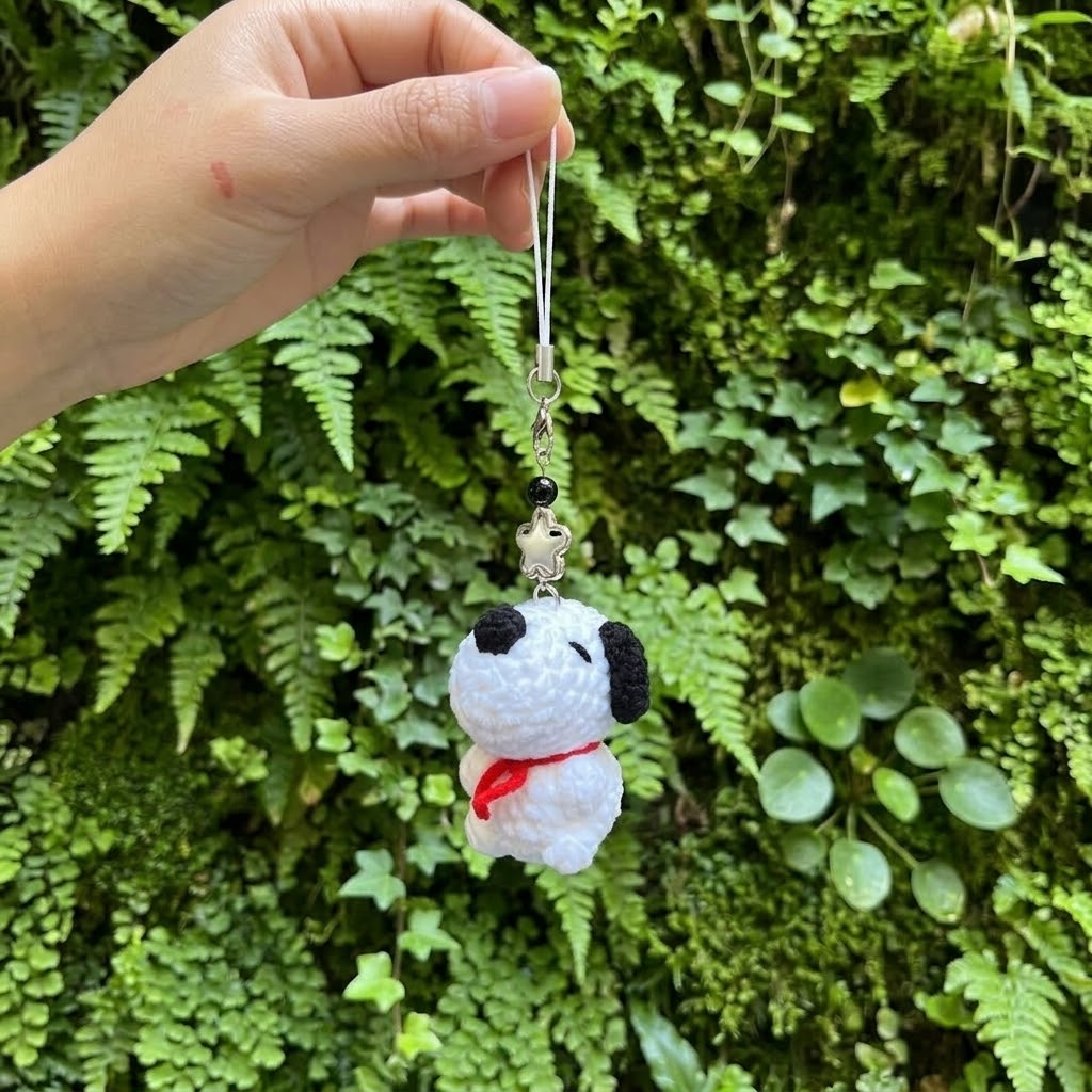 Cute WoolyArtis crochet Hello Kitty keychain featuring handmade amigurumi plush design, ideal as a bag charm or accessory.