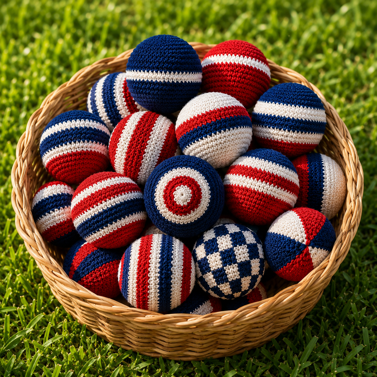 WoolyArtis™ | 4th of July Crochet Hacky Sack, Handmade Patriotic Footbag, Red White Blue Stress Ball, USA Inspired Fidget Toy, Independence Day Party Favor