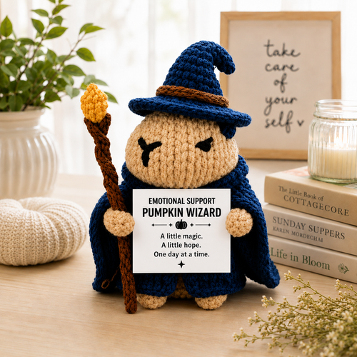 WoolyArtis™ | Emotional Support Pumpkin Wizard Crochet Plush with Personalized Quote | Handmade Wizard Pumpkin Doll | Cute Desk Buddy | Cozy Fall Decor | Self Care Gift | Halloween Gift