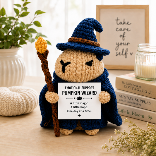 WoolyArtis WoolyArtis emotional support pumpkin wizard crochet plush doll with personalized quote, cozy fall decor, and cute desk buddy