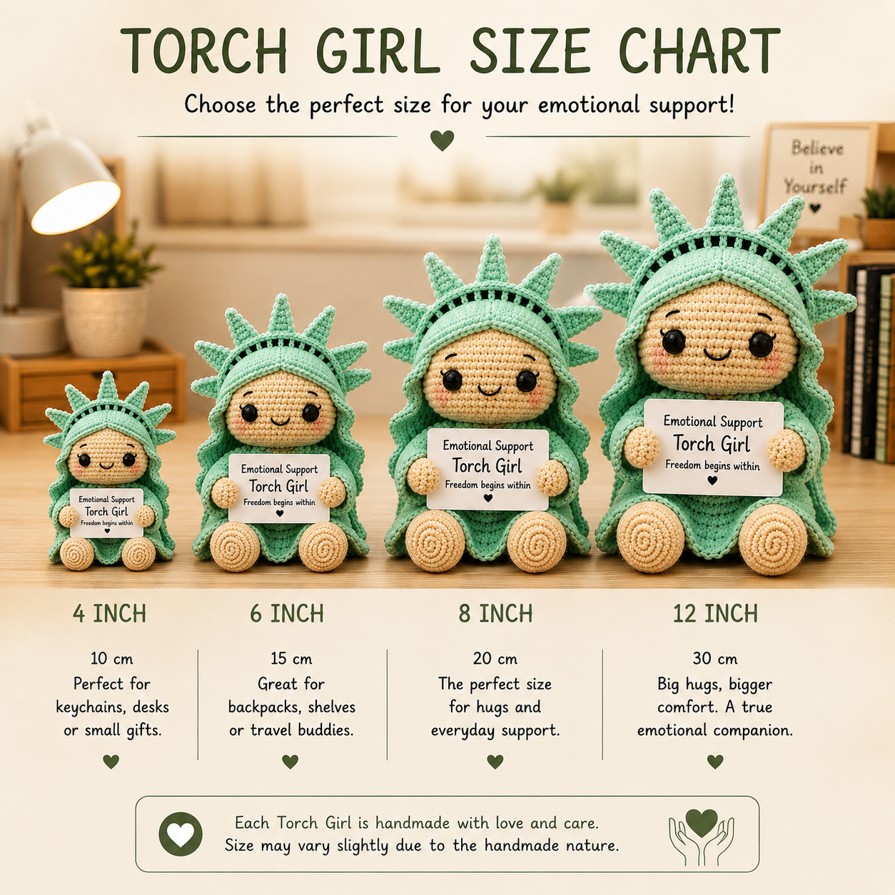 WoolyArtis™ | Emotional Support Torch Girl Crochet Doll | Handmade Statue of Liberty Plush | Cute Desk Companion Gift