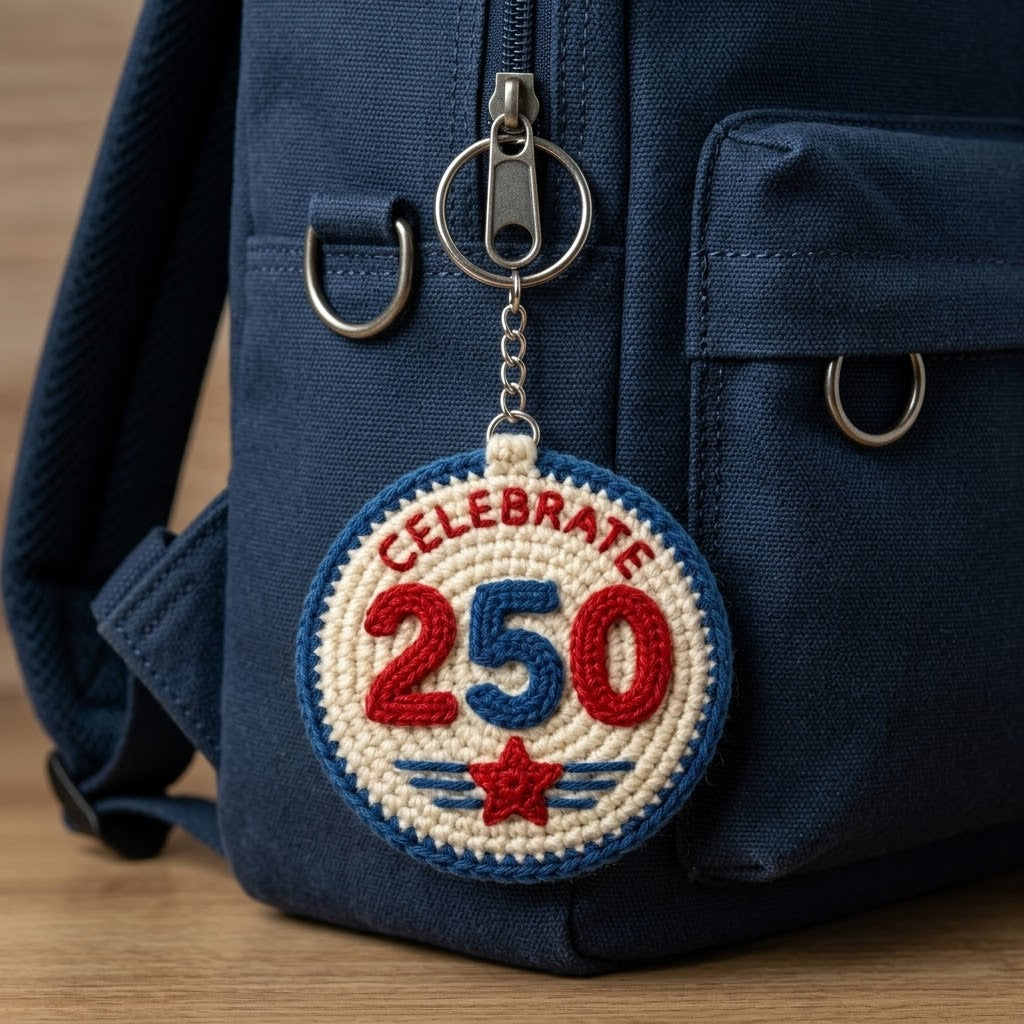WoolyArtis 250 Crochet Keychain featuring red, white, and blue stars for USA 250th anniversary patriotic bag charm.
