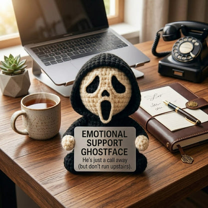 WoolyArtis handmade Ghostface crochet doll, creepy-cute amigurumi desk decor and unique gift, featuring detailed yarn craftsmanship.