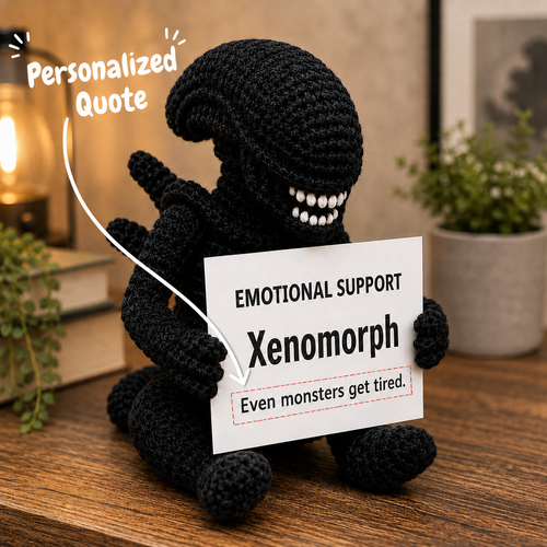 WoolyArtis™ | Emotional Support Xenomorph Crochet Plush – Handmade Space Monster Doll with Personalized Quote