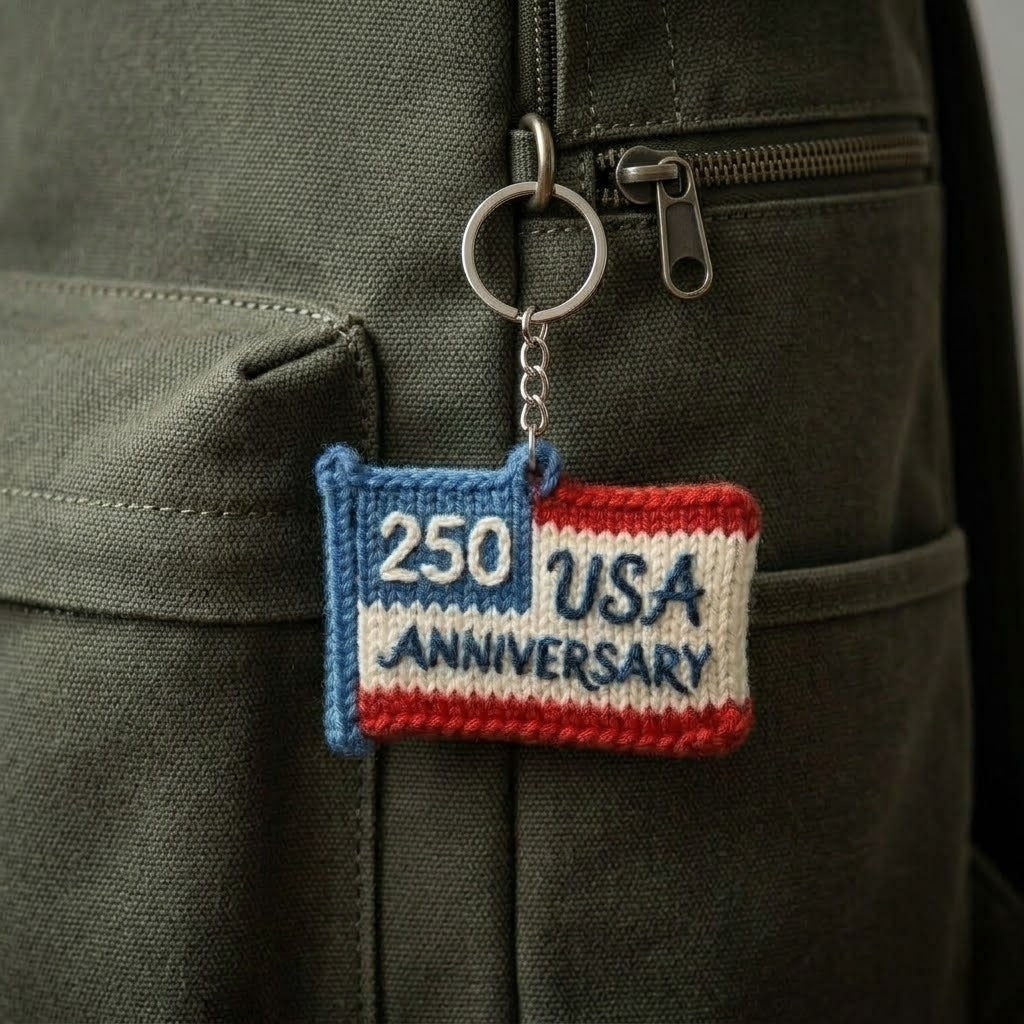 WoolyArtis handcrafted USA 250th anniversary patriotic knitted flag keychain with red, white, and blue yarn, commemorative gift.