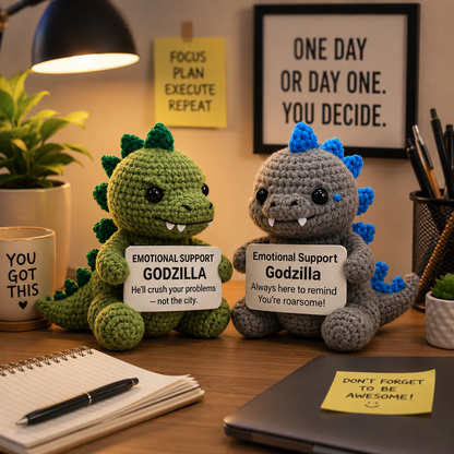 Handmade WoolyArtis Emotional Support Godzilla crochet doll with custom quote, designed for Godzilla fans and gift enthusiasts.
