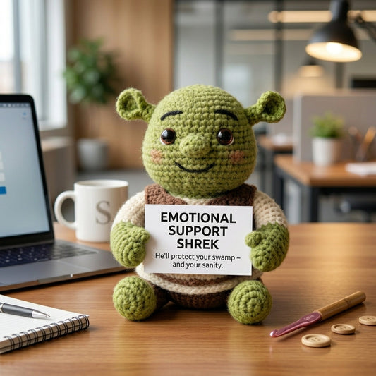 Crochet Chubby Shrek plushie by WoolyArtis, a funny emotional support desk decor and coworker gift with a personalized quote.