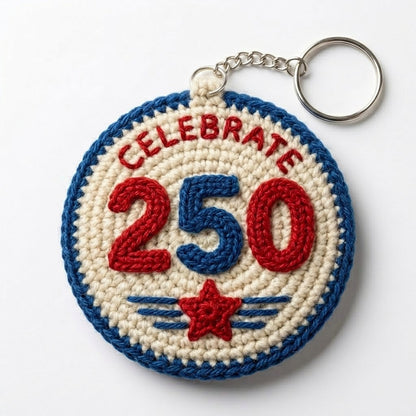 WoolyArtis 250 Crochet Keychain featuring a red, white, and blue star design for the USA 250th anniversary celebration.