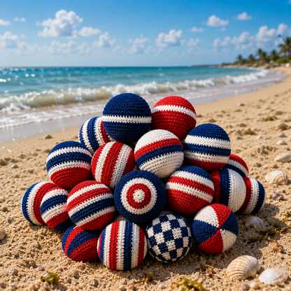 WoolyArtis™ | 4th of July Crochet Hacky Sack, Handmade Patriotic Footbag, Red White Blue Stress Ball, USA Inspired Fidget Toy, Independence Day Party Favor