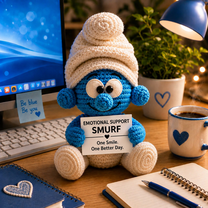 Emotional Support Smurf Inspired Crochet Doll – Handmade Amigurumi Plush with Personalized Quote, Cute Desk Decor & Gift for Cartoon Lovers