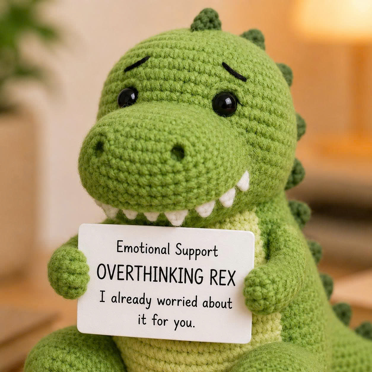 WoolyArtis™ | Emotional Support Overthinking Rex Crochet Doll – Handmade T-Rex Amigurumi Plush for Stress Relief