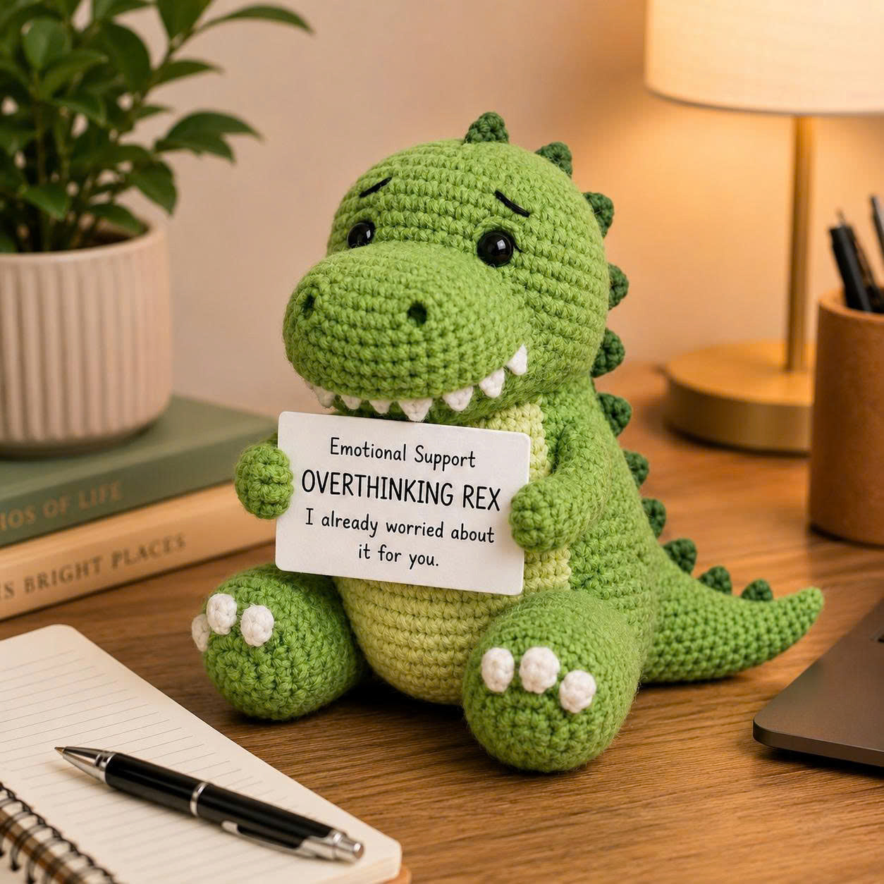 WoolyArtis™ | Emotional Support Overthinking Rex Crochet Doll – Handmade T-Rex Amigurumi Plush for Stress Relief