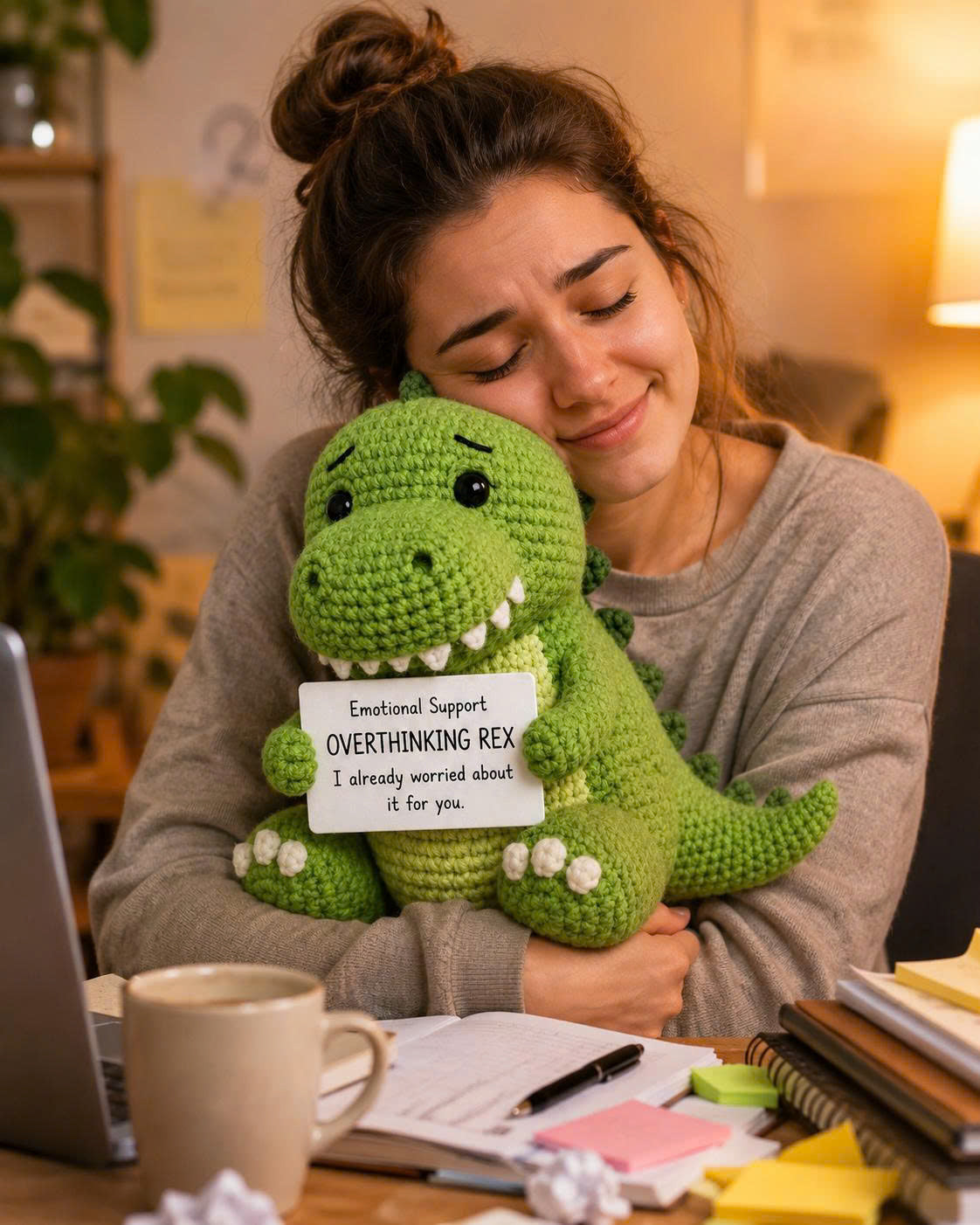 WoolyArtis™ | Emotional Support Overthinking Rex Crochet Doll – Handmade T-Rex Amigurumi Plush for Stress Relief