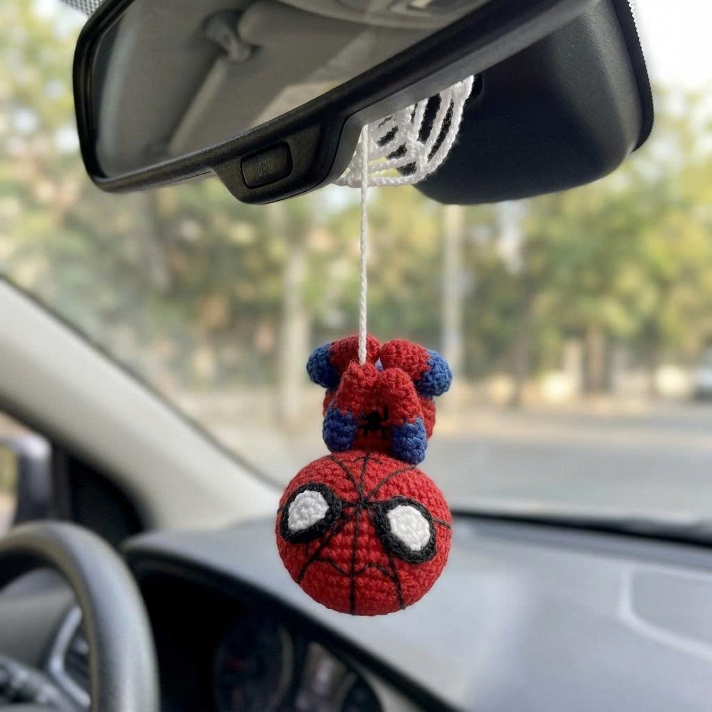 Handmade Crochet Spider Man Hanging Ornament – Car Mirror & Bag Charm