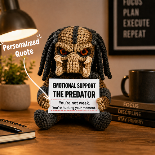 WoolyArtis™ | Emotional Support Predator Crochet Plush – Handmade Sci-Fi Monster Doll with Personalized Quote
