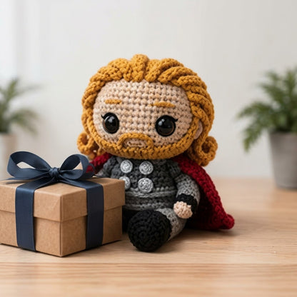 WoolyArtis™ | Thor Inspired Crochet Doll – Emotional Support Thor Plush – Handmade Crochet Hero Gift – Funny Desk Buddy – Amigurumi Collectible Decor