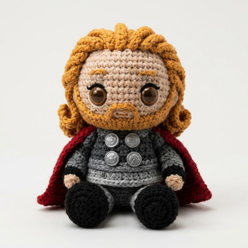 WoolyArtis™ | Thor Inspired Crochet Doll – Emotional Support Thor Plush – Handmade Crochet Hero Gift – Funny Desk Buddy – Amigurumi Collectible Decor