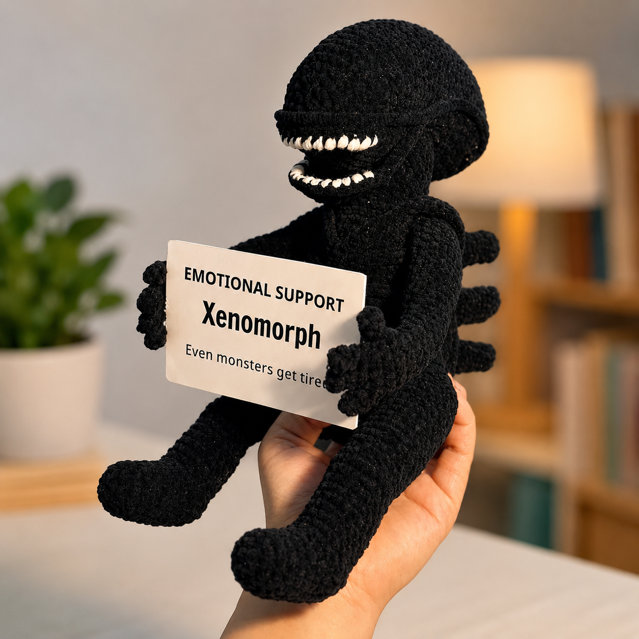 WoolyArtis™ | Emotional Support Xenomorph Crochet Plush – Handmade Space Monster Doll with Personalized Quote