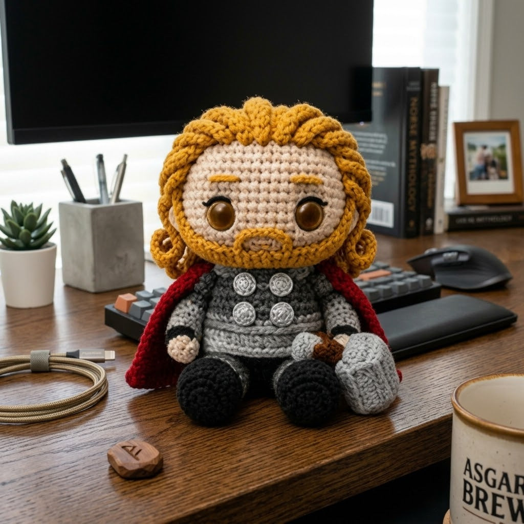 WoolyArtis™ | Thor Inspired Crochet Doll – Emotional Support Thor Plush – Handmade Crochet Hero Gift – Funny Desk Buddy – Amigurumi Collectible Decor
