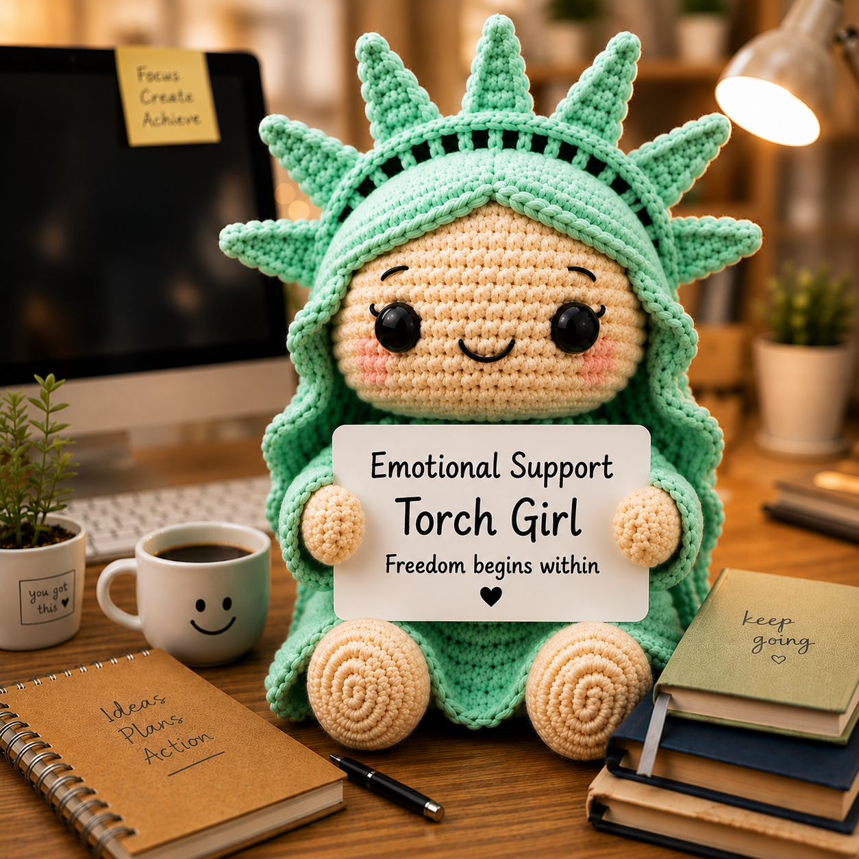 WoolyArtis™ | Emotional Support Torch Girl Crochet Doll | Handmade Statue of Liberty Plush | Cute Desk Companion Gift