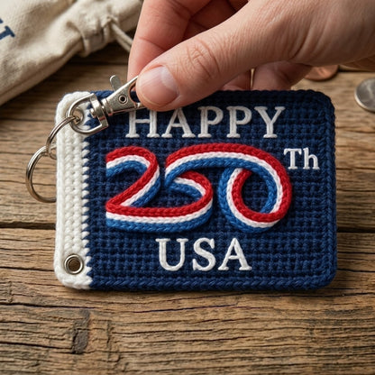 WoolyArtis USA 250th Anniversary keychain featuring red, white, and blue crochet style patriotic charm for 4th of July.