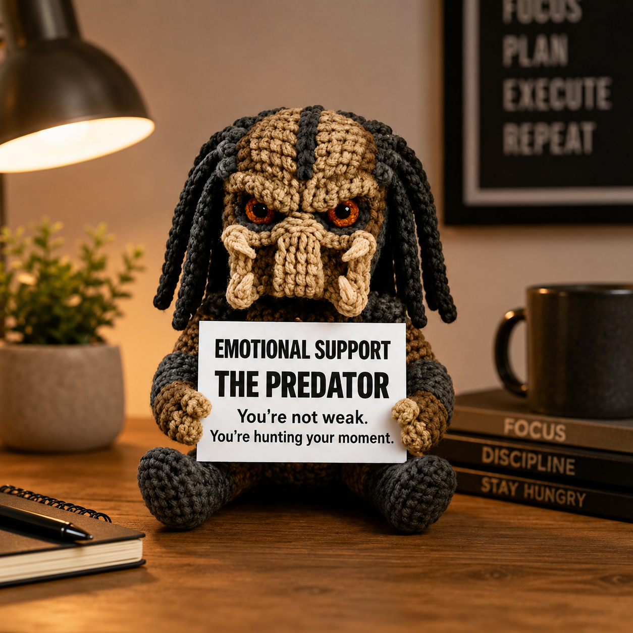 WoolyArtis™ | Emotional Support Predator Crochet Plush – Handmade Sci-Fi Monster Doll with Personalized Quote