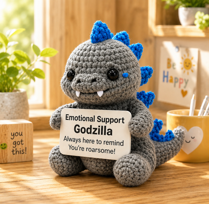 Handmade WoolyArtis WoolyArtis™ crochet Godzilla doll with custom quote, soft yarn, and humorous design for Godzilla fans.