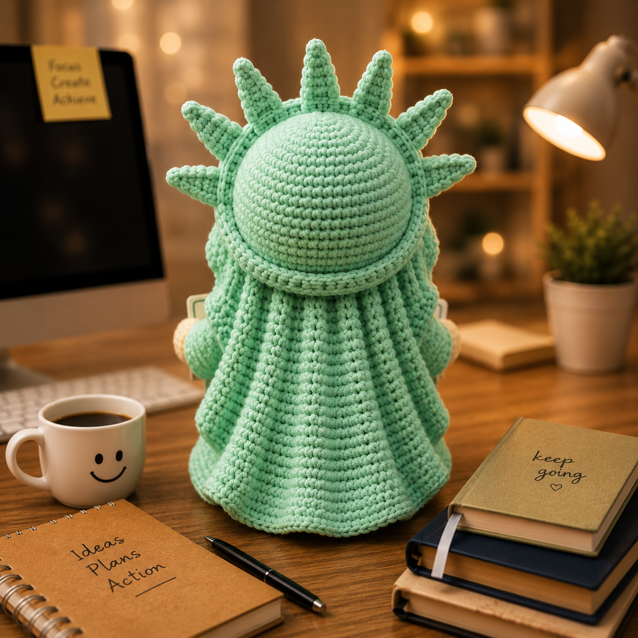 WoolyArtis™ | Emotional Support Torch Girl Crochet Doll | Handmade Statue of Liberty Plush | Cute Desk Companion Gift