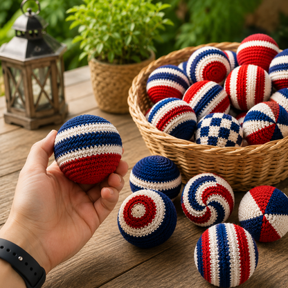 WoolyArtis™ | 4th of July Crochet Hacky Sack, Handmade Patriotic Footbag, Red White Blue Stress Ball, USA Inspired Fidget Toy, Independence Day Party Favor