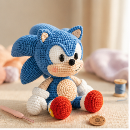 Blue Speedster Inspired Crochet Doll – Emotional Support Plush – Handmade Amigurumi Desk Buddy – Cute Gamer Gift – Crochet Collectible