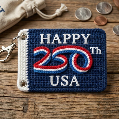 WoolyArtis USA 250th anniversary patriotic keychain with red, white, and blue crochet style design, featuring a 4th of July theme.