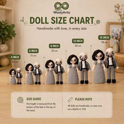 WoolyArtis crochet doll with personalized photo card, handcrafted gift for wife, husband, mom, or dad, featuring detailed crochet craftsmanship.