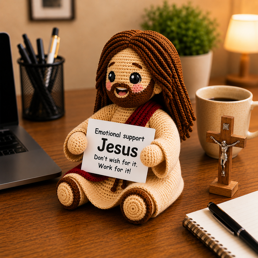 Handmade WoolyArtis™ crochet Jesus doll with a soft, cute plush design for faith encouragement and emotional support.