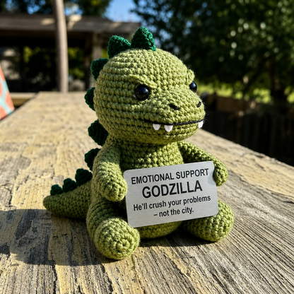 Handmade WoolyArtis Emotional Support Godzilla crochet doll with custom quote, perfect funny gift for Godzilla fans