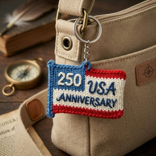 WoolyArtis handcrafted USA 250th anniversary patriotic knitted flag keychain on a metal keyring for commemorative use.