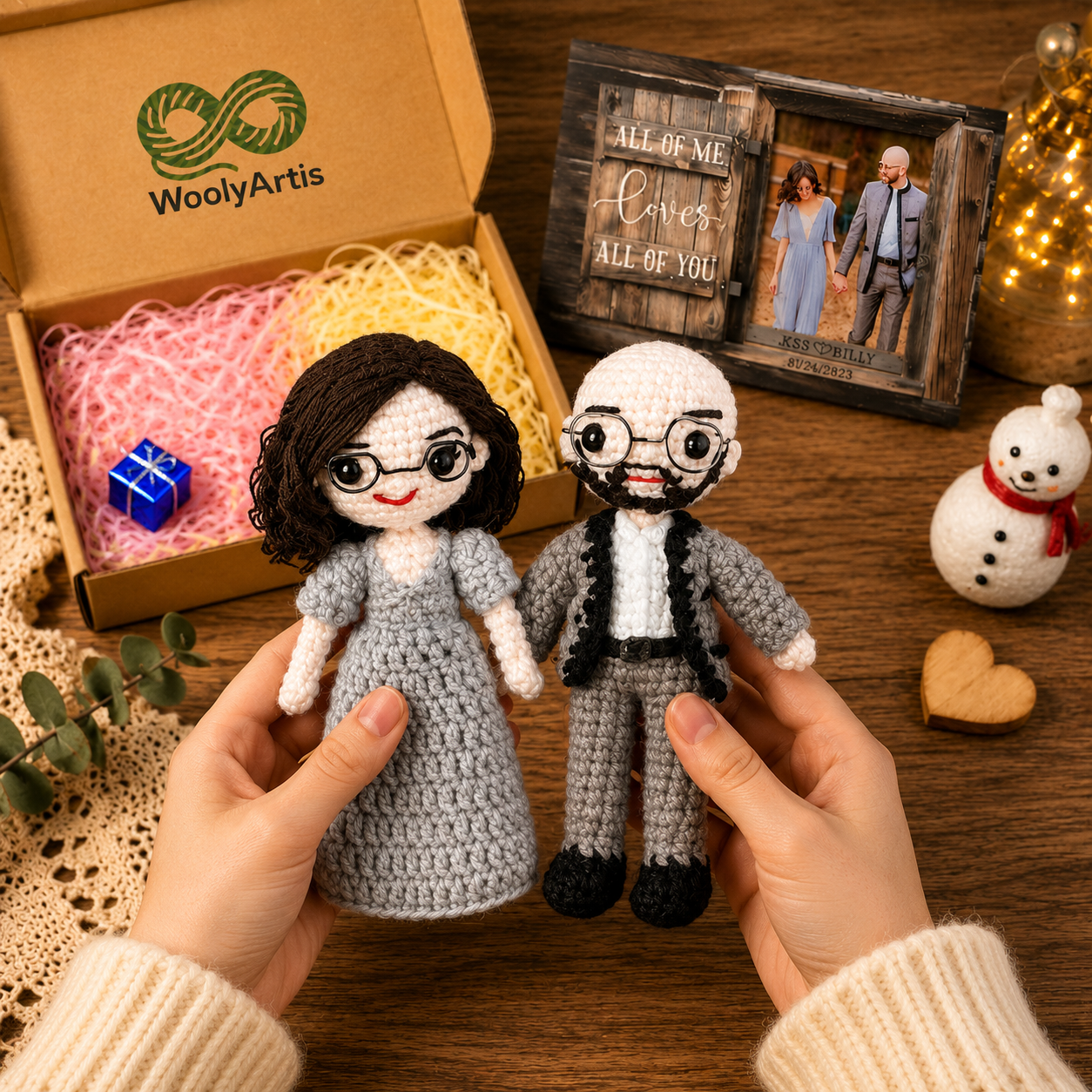 WoolyArtis personalized crochet doll holding a photo card, gift for wife, husband, mom, or dad, with detailed handmade crochet features