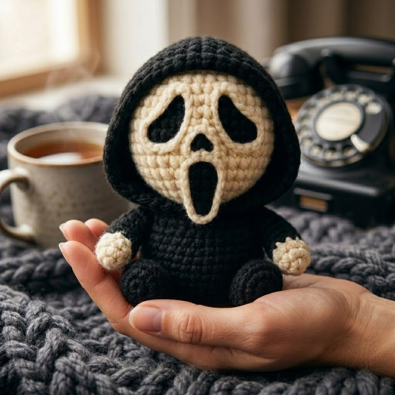 Handmade WoolyArtis Ghostface crochet doll, creepy-cute amigurumi desk decor and emotional support gift in detailed black yarn.