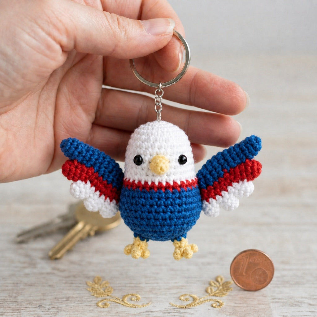 Crochet Bald Eagle keychain by WoolyArtis featuring red, white, and blue patriotic colors, perfect as a 4th of July bag charm.