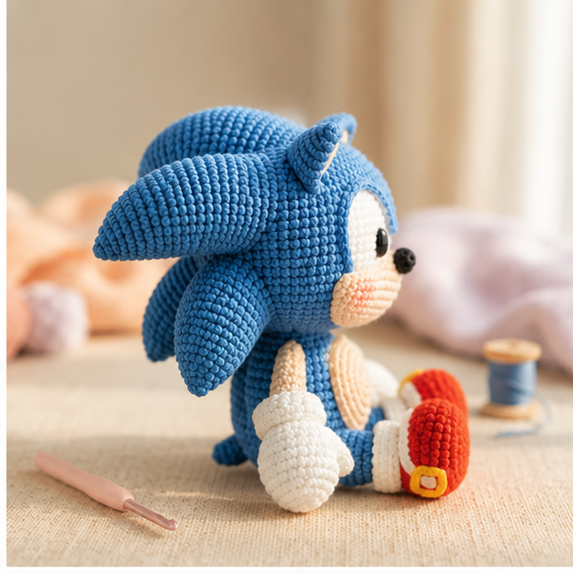 Blue Speedster Inspired Crochet Doll – Emotional Support Plush – Handmade Amigurumi Desk Buddy – Cute Gamer Gift – Crochet Collectible