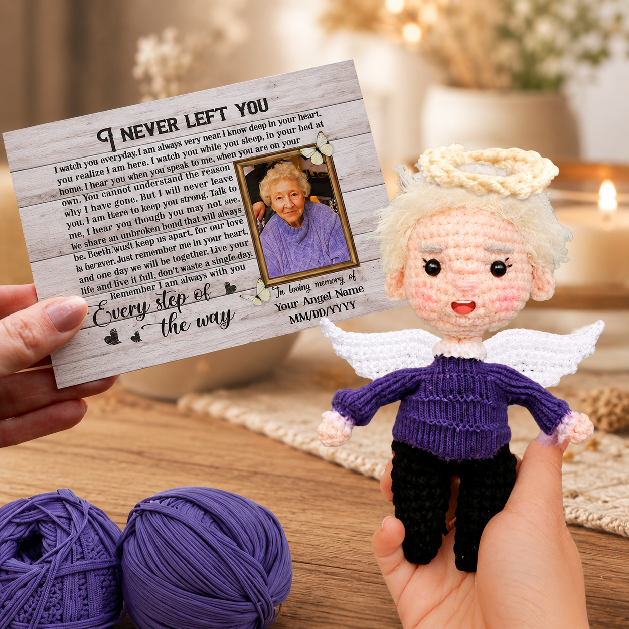 WoolyArtis™ | Personalized Memorial Crochet Doll, Custom Photo Portrait Doll,  Sympathy Gift Loss of Loved One, Handmade Bereavement Gift,  "Forever In My Heart" Keepsake Doll