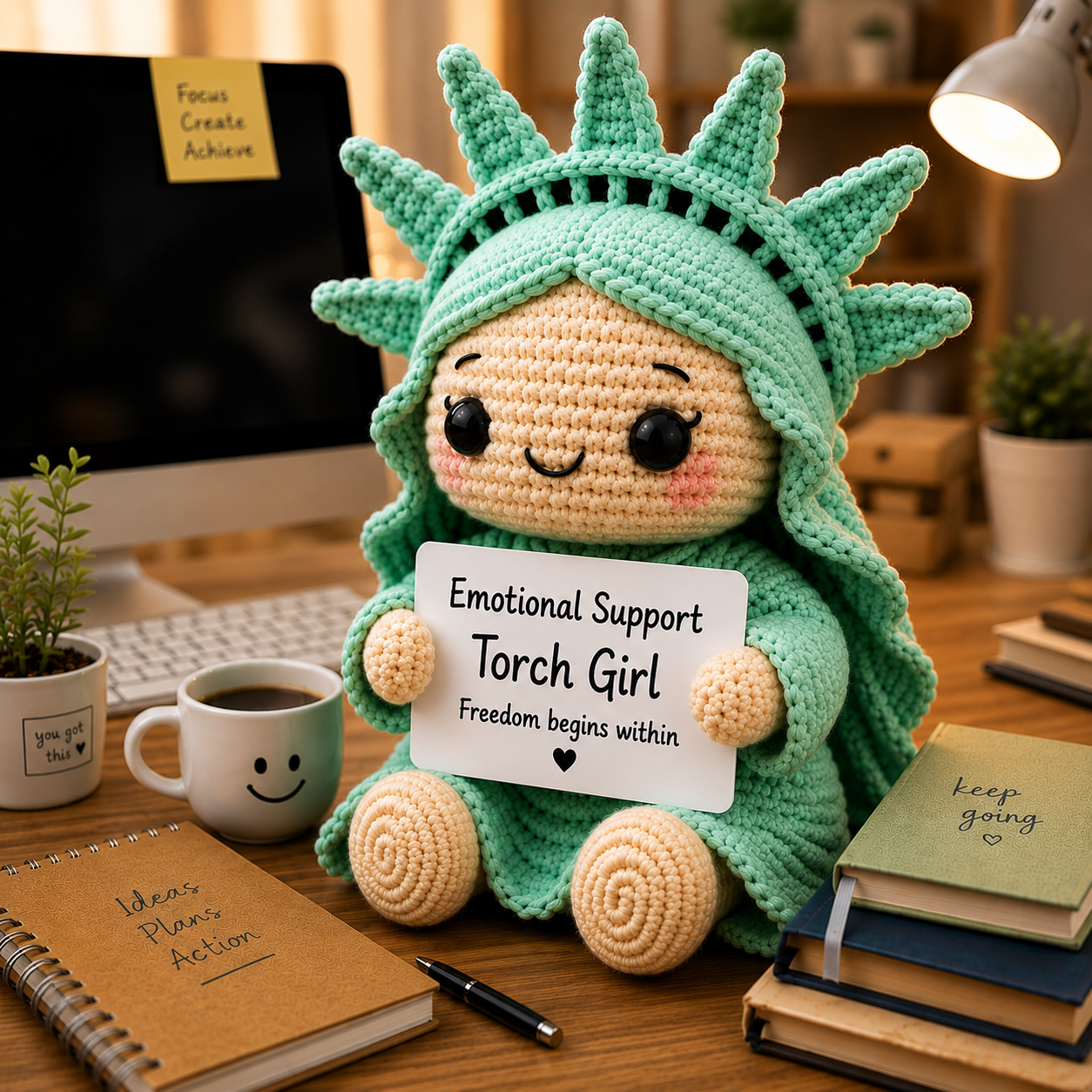 WoolyArtis™ | Emotional Support Torch Girl Crochet Doll | Handmade Statue of Liberty Plush | Cute Desk Companion Gift