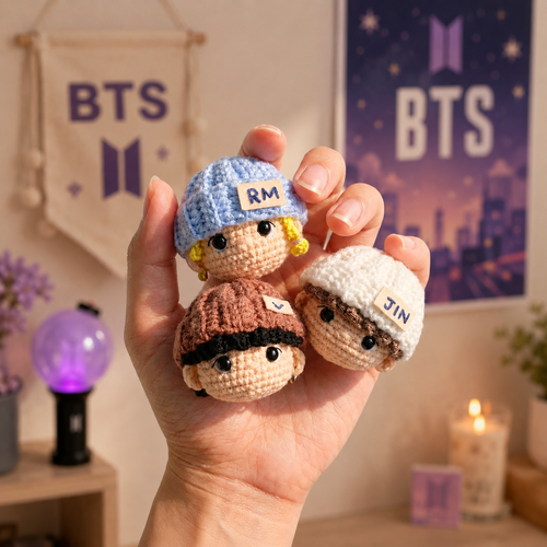 Handmade WoolyArtis K-Pop inspired crochet doll keychain set featuring cute amigurumi mini plush bag charms and fan-made accessories