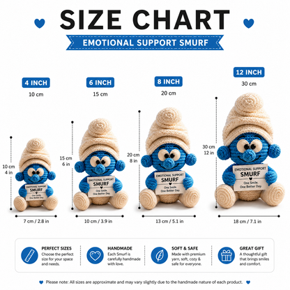 Emotional Support Smurf Inspired Crochet Doll – Handmade Amigurumi Plush with Personalized Quote, Cute Desk Decor & Gift for Cartoon Lovers