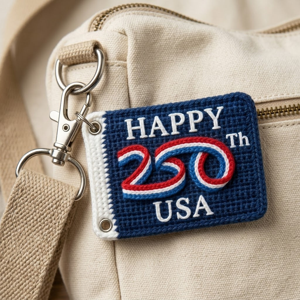 WoolyArtis USA 250th Anniversary keychain with red, white, blue crochet style patriotic design for 4th of July celebrations.