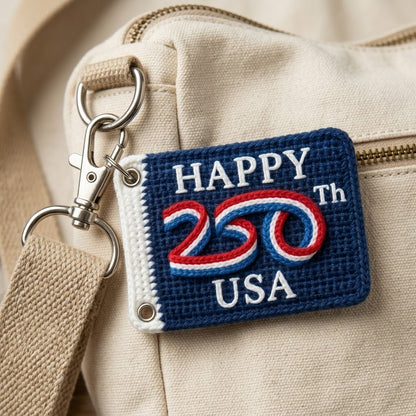WoolyArtis USA 250th Anniversary keychain with red, white, blue crochet style patriotic design for 4th of July celebrations.