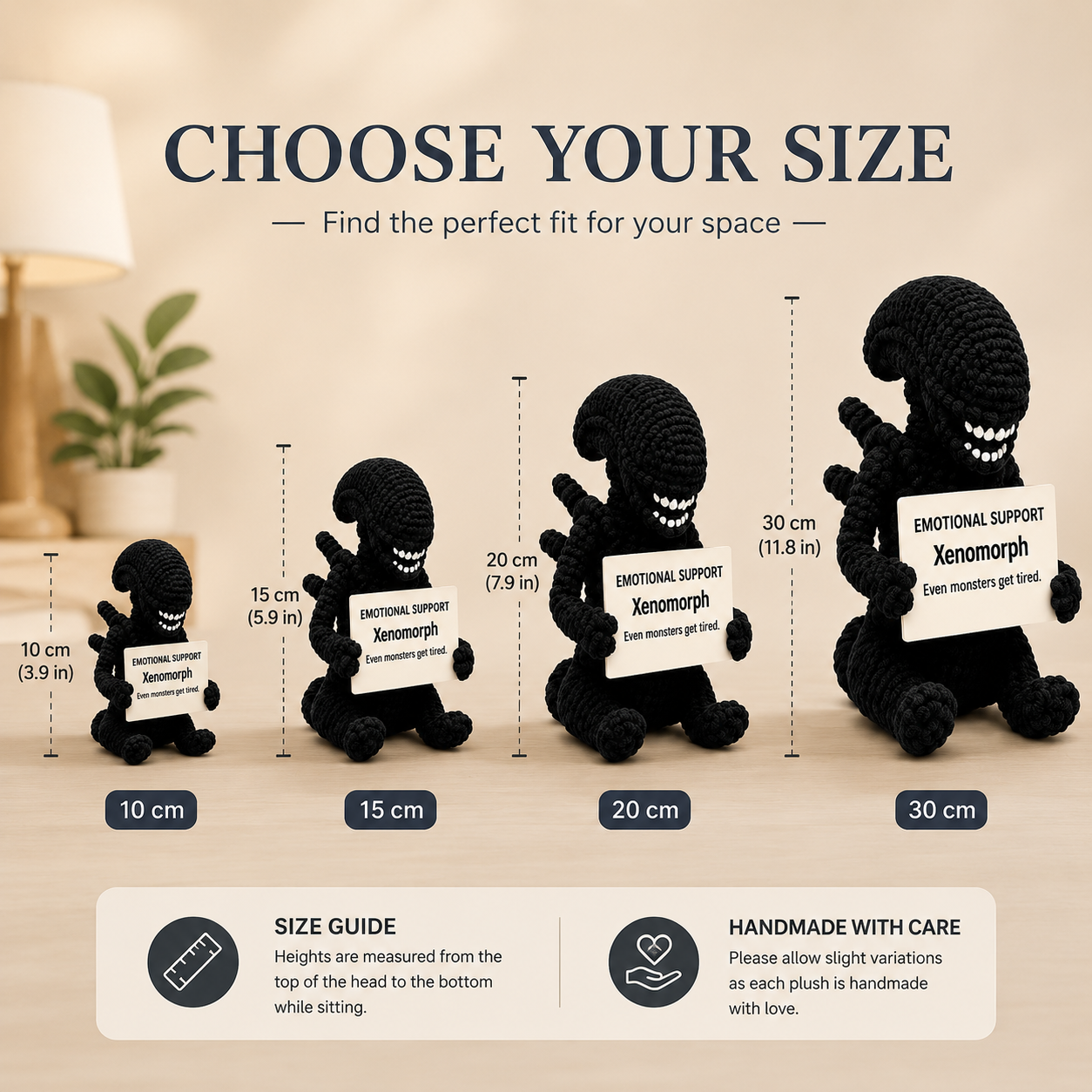 WoolyArtis™ | Emotional Support Xenomorph Crochet Plush – Handmade Space Monster Doll with Personalized Quote